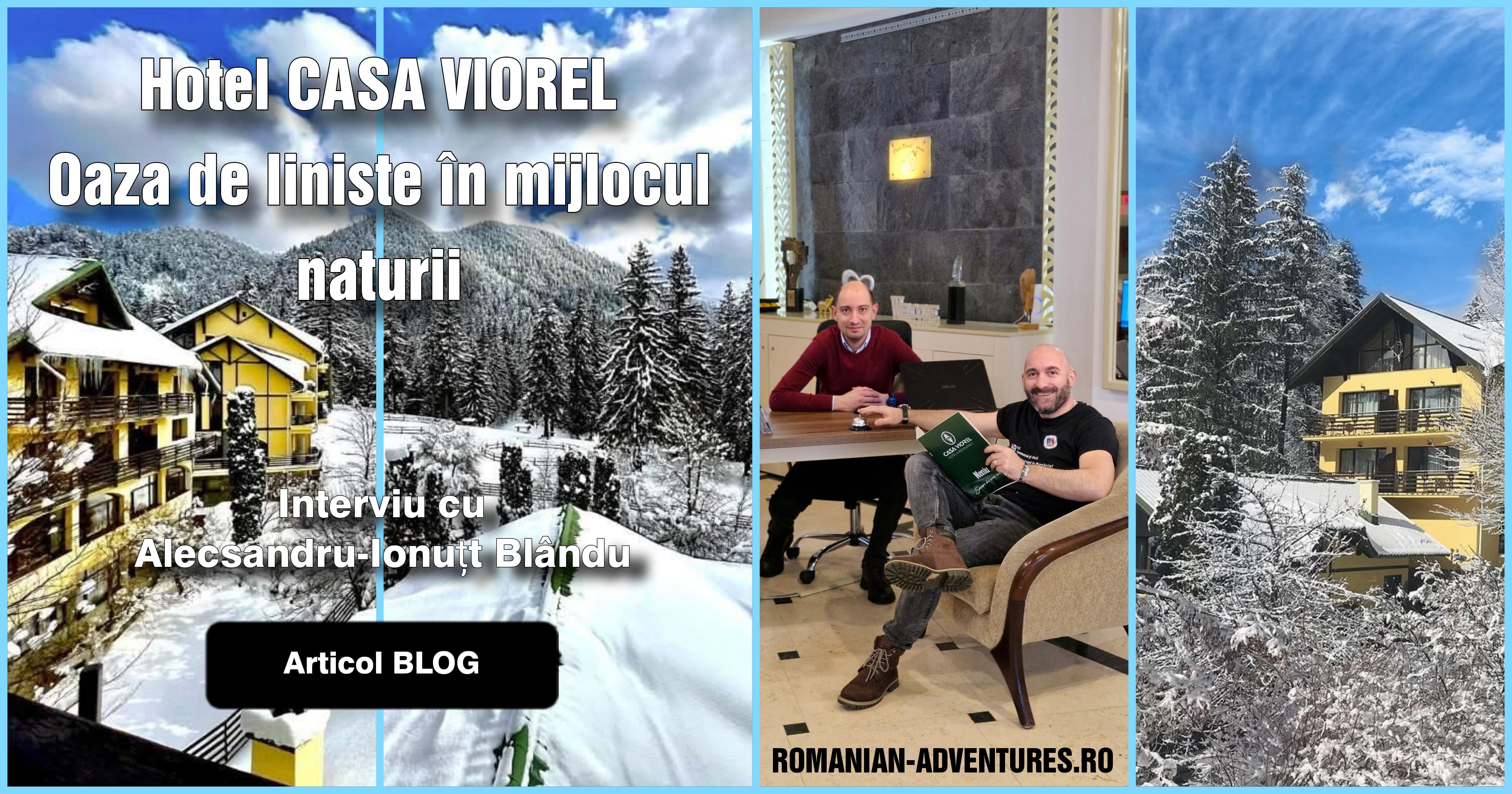 Valeriu-Claudiu Ștefan și Alexandru Blândul la recepția Hotelului CASA VIOREL în cadrul InfoTrip-ului, discutând despre ospitalitate, facilități și experiențele oferite turiștilor.