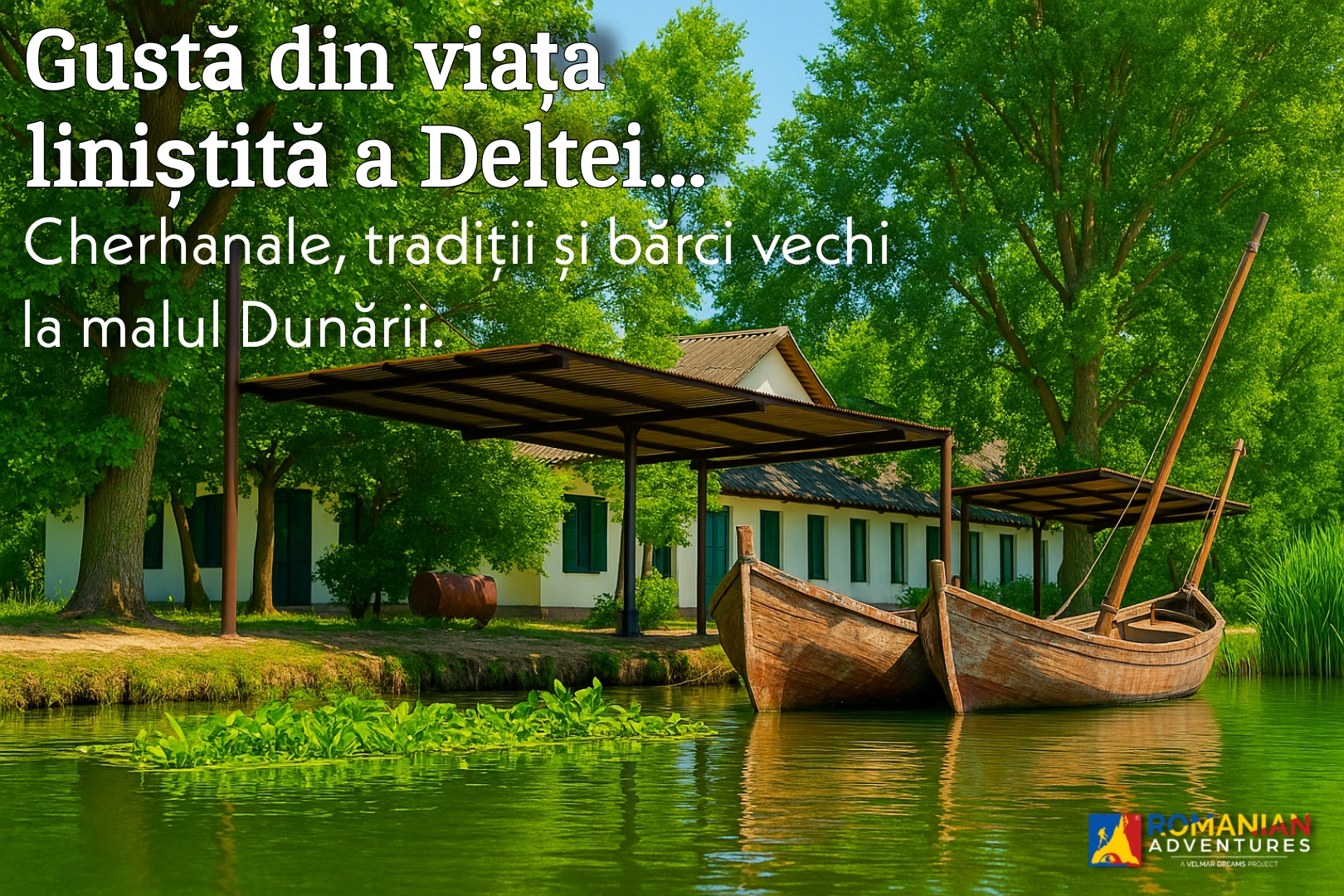 Cherhana tradițională în Sfântu Gheorghe, Delta Dunării, cu bărci din lemn ancorate pe canal și vegetație luxuriantă în fundal