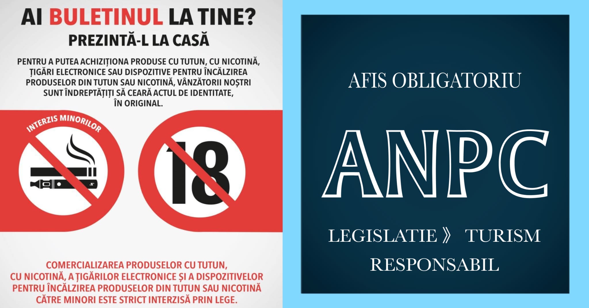 Afișaj obligatoriu ANPC privind interdicția vânzării produselor din tutun către minori, utilizat în unitățile turistice din România.