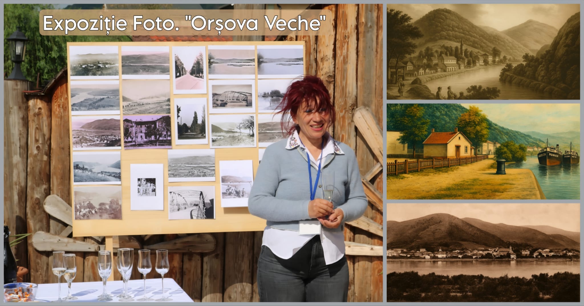 Florentina Muchitsch în fața panoului expozițional „Orșova Veche” la Pensiunea Mai Danube din Eșelnița, alături de imagini-document ale orașului scufundat